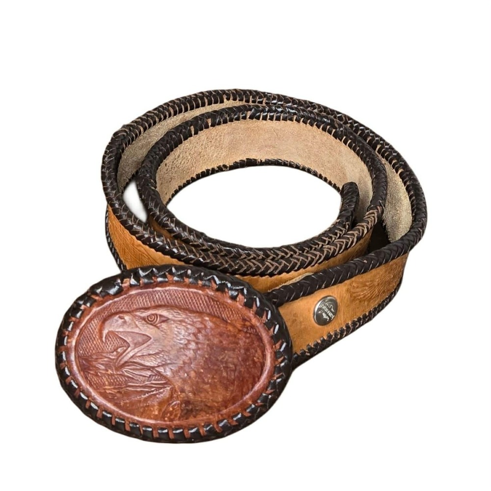Vintage Harley Davidson USA Leather Eagle Belt 41" 2" Wide Braided Biker - Picture 2 of 8